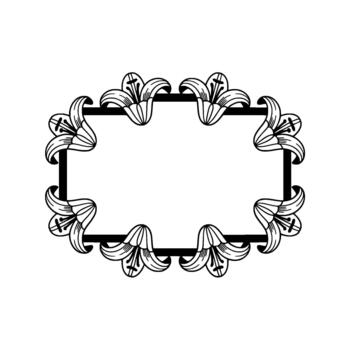 Ornate line art decorative frame featuring stylized lily flowers adorning each corner of a simple rectangular border vector