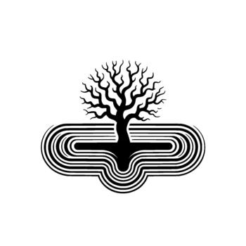 Stylized silhouette of a bare branching tree with intricate dark concentric lines forming abstract roots or ground vector