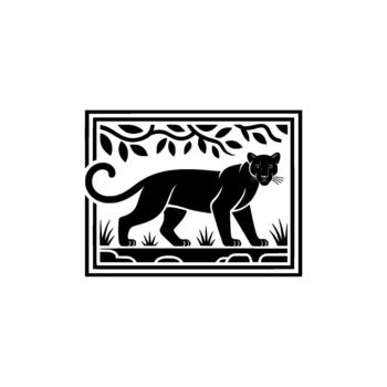 minimalista silueta de un poderoso pantera merodeando mediante estilizado césped debajo decorativo árbol ramas dentro un rectangular marco vector