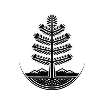 A minimalist illustration of a stylized coniferous tree with detailed needles standing above geometric mountains within a circular emblem vector