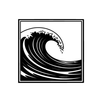 A bold illustration of a dynamic ocean wave cresting and breaking within a simple square frame vector