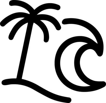 Simple black line art icon of a palm tree and ocean wave. vector