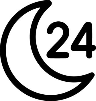 sencillo negro línea icono representando 24 hora Servicio con un creciente Luna. vector