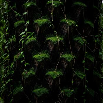 Detailed Close Up of a Tree Trunk Covered in Green Moss and Vines Creating a Textured Natural Pattern photo