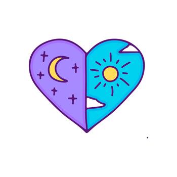 heart illustration representing the harmonious duality of day and night, featuring a bright sun and clouds contrasting a serene moon and stars, symbolizing balance and unity vector