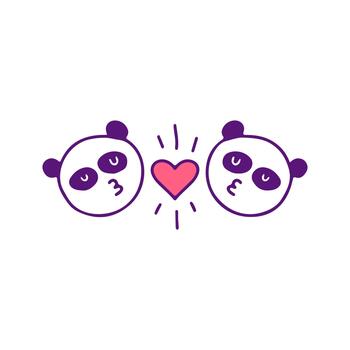 Whimsical illustration of two adorable cartoon pandas sharing a sweet and affectionate moment with a heart, symbolizing love and connection vector