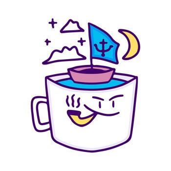 Whimsical illustration of a smiling coffee mug with a pipe, holding a tiny sailboat on a dreamy journey under a starry night and crescent moon vector