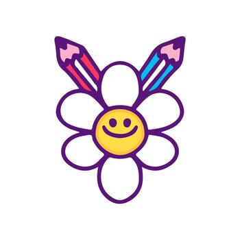Vibrant illustration of a happy daisy flower with a smiling face, creatively adorned with two colorful drawing pencils, symbolizing artistic expression, learning, and joy vector