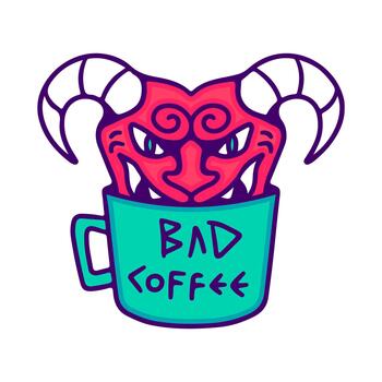 Quirky cartoon graphic of a mischievous red devil's head with horns emerging from a green coffee mug labeled 'Bad Coffee', an edgy and playful design vector