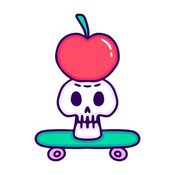 Whimsical cartoon skull balancing a vibrant red apple on a cool green skateboard, depicting a playful and quirky illustration with a mischievous charm vector