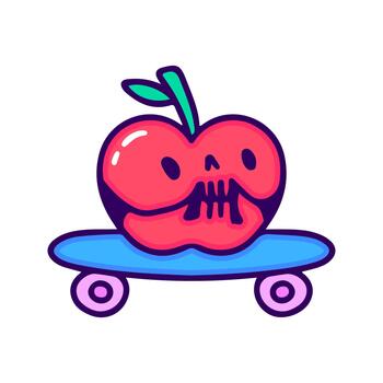 A stylized, cartoonish skull-faced apple character rides a skateboard, symbolizing a fun and edgy lifestyle with a hint of spooky charm vector