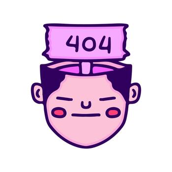 Conceptual 404 error, a simple head graphic with the number 404 emerging from the top, representing a digital mistake or system failure in a minimalist style vector