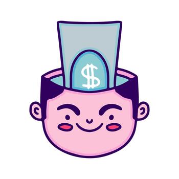 Smiling cartoon character's head with money flowing in, representing financial thinking, innovative wealth generation, smart investment ideas, and the concept of an enriched mindset vector