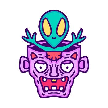 Bizarre alien creature emerging from a cartoon zombie head, symbolizing hidden thoughts or an unexpected inner self. A quirky and humorous pop art illustration vector