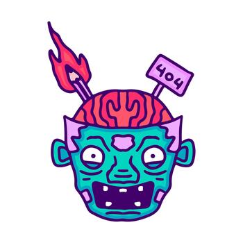 Cartoon illustration of a zombie head with exposed brain, a burning pencil, and a '404 error' sign, humorously representing creative block or mental malfunction vector