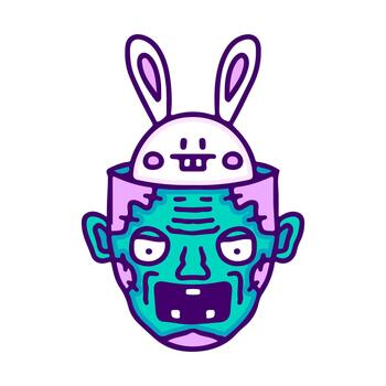 Playful and unique cartoon artwork depicting a teal zombie head revealing a smiling white rabbit from its exposed cranium, a whimsical and strange character concept vector