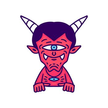 Stylized graphic illustration of a mystical red demon character with prominent horns and a symbolic third eye, embodying a quirky supernatural entity with a mischievous charm vector