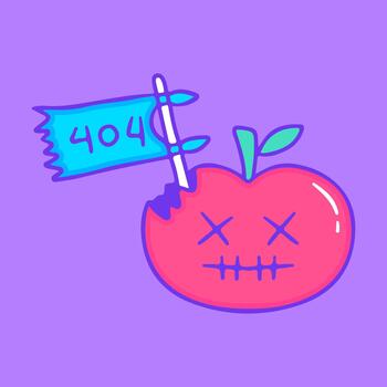 Error Apple A playful illustration of a bitten apple with a 404 flag on a purple background vector