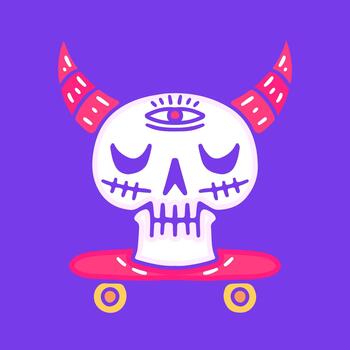 Cartoon drawing of a cool monster skull with red horns and a mystical third eye riding a skateboard. Isolated graphic design element vector