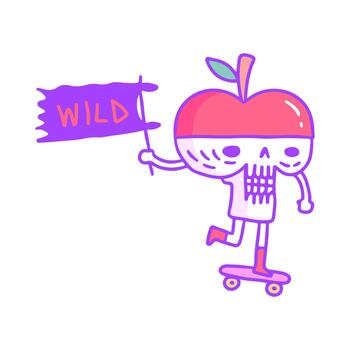 Whimsical apple-headed skeleton illustration, skateboarding with a 'WILD' flag, expressing a playful and rebellious zest for adventure and healthy fun vector