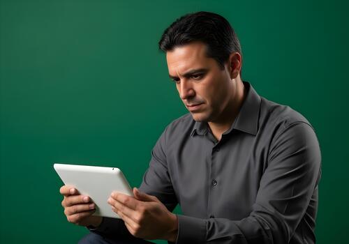 Focused man using digital tablet against green background for business or personal use looking at screen modern technology communication and connectivity in the digital age photo