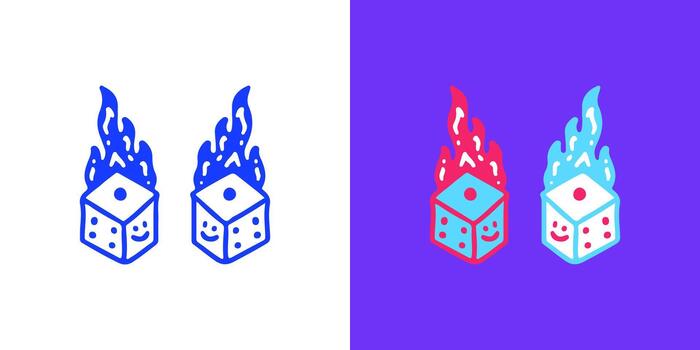 Flaming Dice Duo A Playful Graphic with Contrasting Color Schemes on White and Purple Backgrounds vector