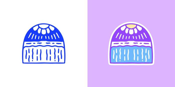 Hand-drawn minimalist waterfall and sun logo concept. Simple linear nature landscape icon with abstract flowing water and arch design element for branding vector