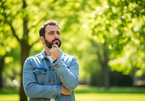 Pensive Man in a Park Setting Contemplating Lifes Decisions Against a Backdrop of Lush Greenery and Sunlight Dappled Leaves A Moment of Introspection and Reflection photo