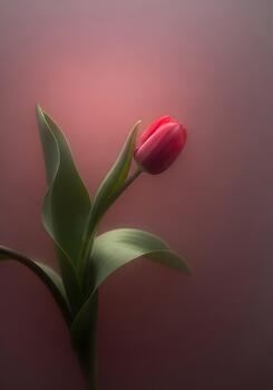 Single red tulip with soft light against a muted pink background creating a sense of calm and simple beauty photo