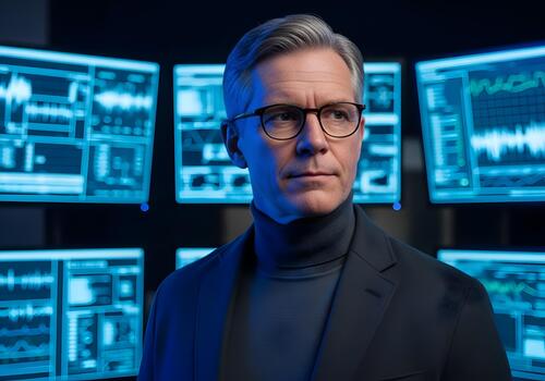 Serious Mature Businessman Overseeing Data Security in High Tech Control Room with Multiple Computer Monitors Displaying Complex Information and Cyber Security Analysis photo