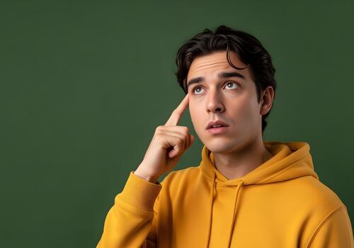 Thoughtful Young Man Pondering a Problem with a Pensive Expression and Finger on Temple against Green Background Displaying Critical Thinking and Focus in a Studio Portrait photo