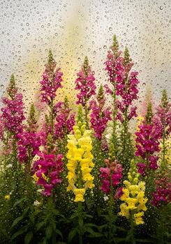 Vibrant snapdragons in a garden scene with raindrops on a window pane creating a dreamy bokeh effect and enhancing the colors of the blooms photo
