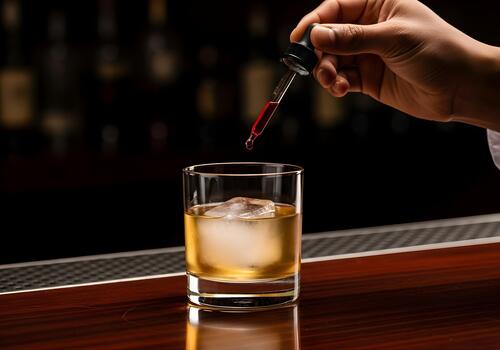 Crafting a Classic Cocktail Adding a Dash of Bitters to an Old Fashioned in a Speakeasy Setting Showcasing Mixology and the Art of Drink Making photo