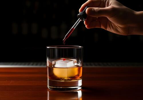 Crafting a Cocktail Aromatic Bitters and Whiskey Neat with Large Ice Cube in a Glass with a Hand Holding a Dropper Adding Flavor Enhancements in Low Light Photography photo