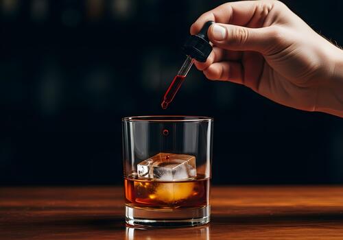 Crafting an Old Fashioned Cocktail with Precision A Close Up of a Bartender Adding Bitters to a Whiskey Drink with Ice photo