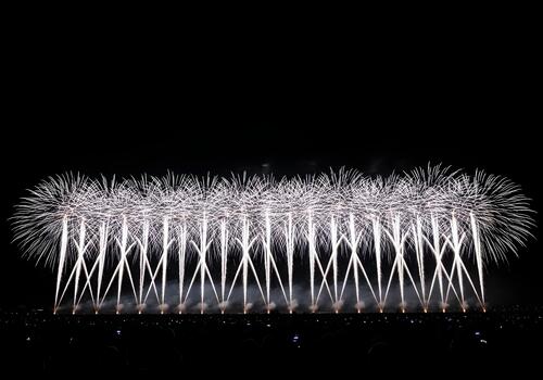 Spectacular fireworks display illuminating the night sky with vibrant colors and captivating patterns celebrating a special event creating a festive atmosphere and visual delight photo