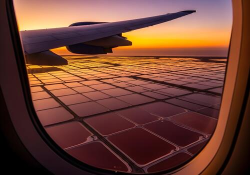 Aerial view from airplane window at sunset showing vibrant sky and geometric salt evaporation ponds creating abstract patterns and textures photo