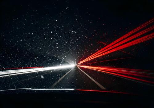 Blurred motion of car lights streaks through a rainy windshield creating a dynamic and abstract view of nighttime traffic on a highway photo