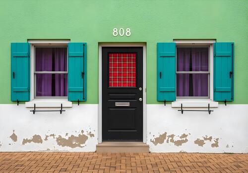 Charming facade of colorful house with windows and shutters and striking front door with plaid insert creating a vibrant and welcoming architectural composition photo