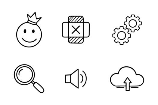 Outline Interface Icons Set with Settings, Search, Upload, Volume, and Fun Elements vector