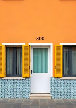 Colorful facade of a building featuring a door and windows with yellow shutters creating a vibrant and artistic architectural scene in a unique setting photo