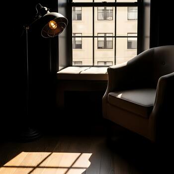 Cozy Reading Nook by the Window with Comfortable Armchair and Stylish Floor Lamp Creating a Warm and Inviting Atmosphere for Relaxation and Contemplation photo