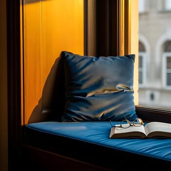 Cozy window seat with soft cushion open book and eyeglasses bathed in warm sunlight creating a serene and inviting reading nook perfect for relaxation photo