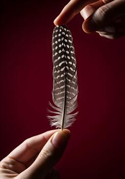 Delicate Guinea Fowl Feather Held Between Fingers Against Red Background Showcasing Intricate Patterns and Texture for Ornithology and Design Projects photo