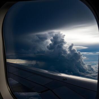 Dramatic Cloudscape View From Airplane Window Capturing Wing and Atmospheric Conditions High Above The Earth with Sunlight Illuminating Weather Patterns photo