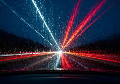 Driving in the Rain at Night with Streaks of Light Creating a Dynamic Abstract View through a Wet Windshield on a Dark Road photo