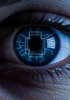 Human Eye with Futuristic Technology Overlay Depicting Artificial Intelligence and Advanced Biometric Scanning for Security and Future Concepts photo