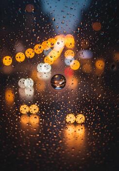 Rain Drops on Glass with Blurred City Lights Background Creating Abstract Patterns and Reflections of Urban Nightlife Ideal for Atmospheric and Moody Visuals photo