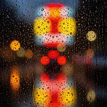 Raindrops on Glass with Blurred City Lights Creating Abstract Bokeh Background Capturing a Moody and Atmospheric Urban Scene Evoking Reflections and Cityscape Vibes photo