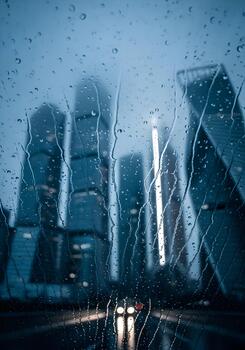 Rainy day cityscape skyscrapers view through wet window with raindrops creating abstract patterns of urban life and reflection of city lights photo
